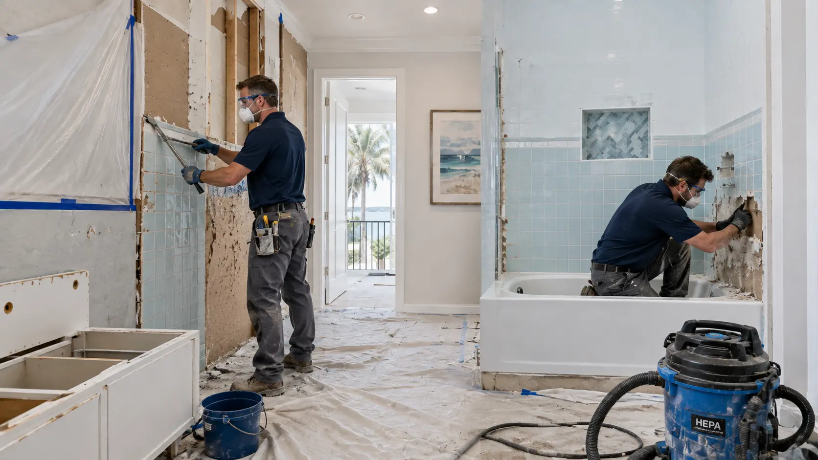 Two remodelers removing old tile and a dated tub during bathroom demolition