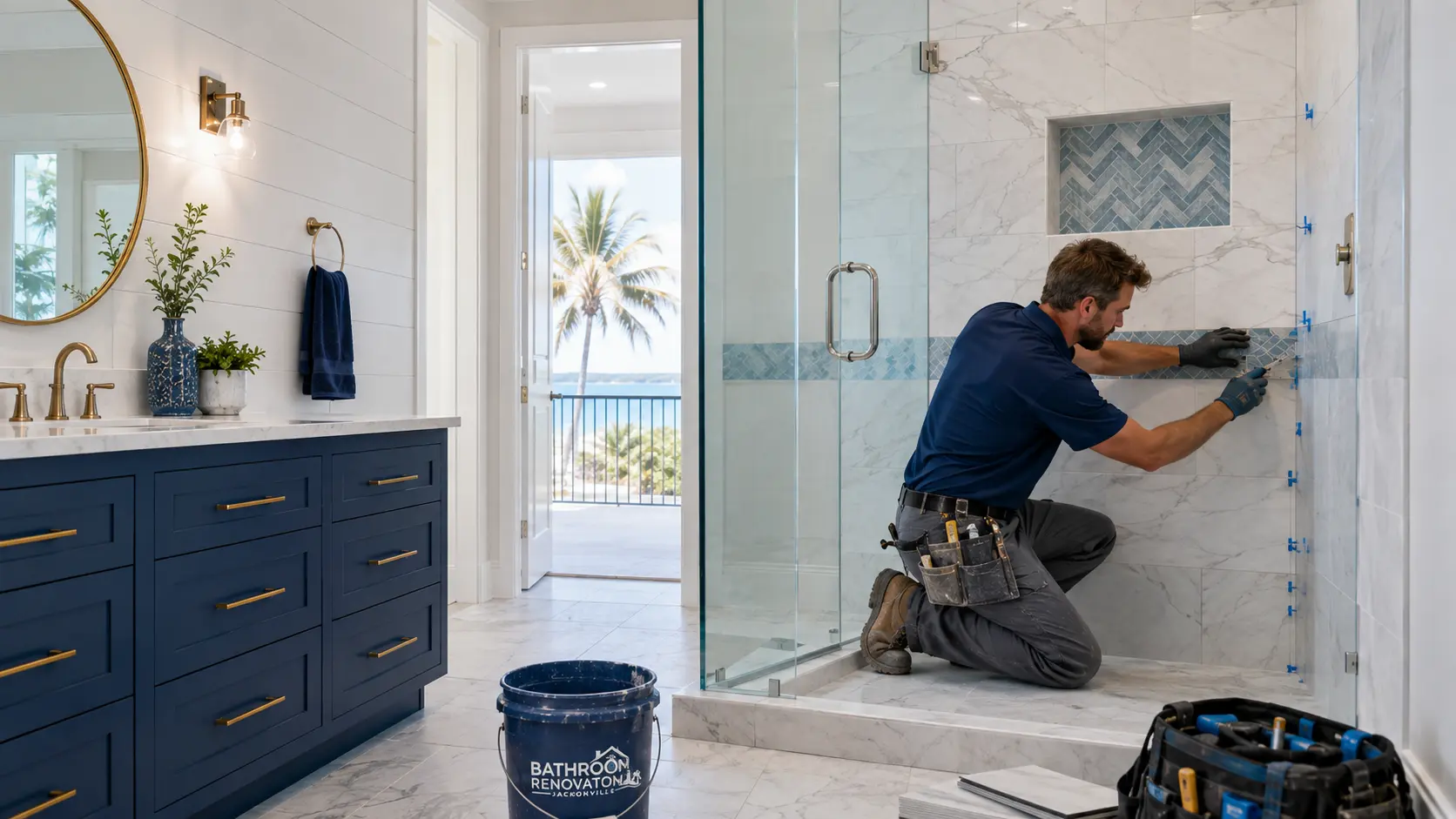Installer setting marble-look wall tile with a mosaic accent band in a Jacksonville shower