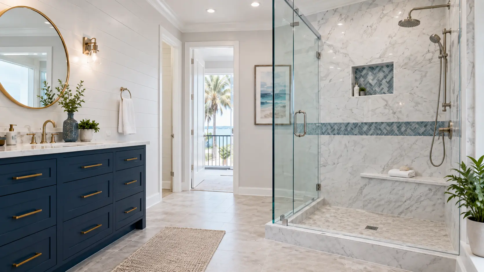 Finished walk-in shower with marble-look tile, mosaic band, and a built-in bench