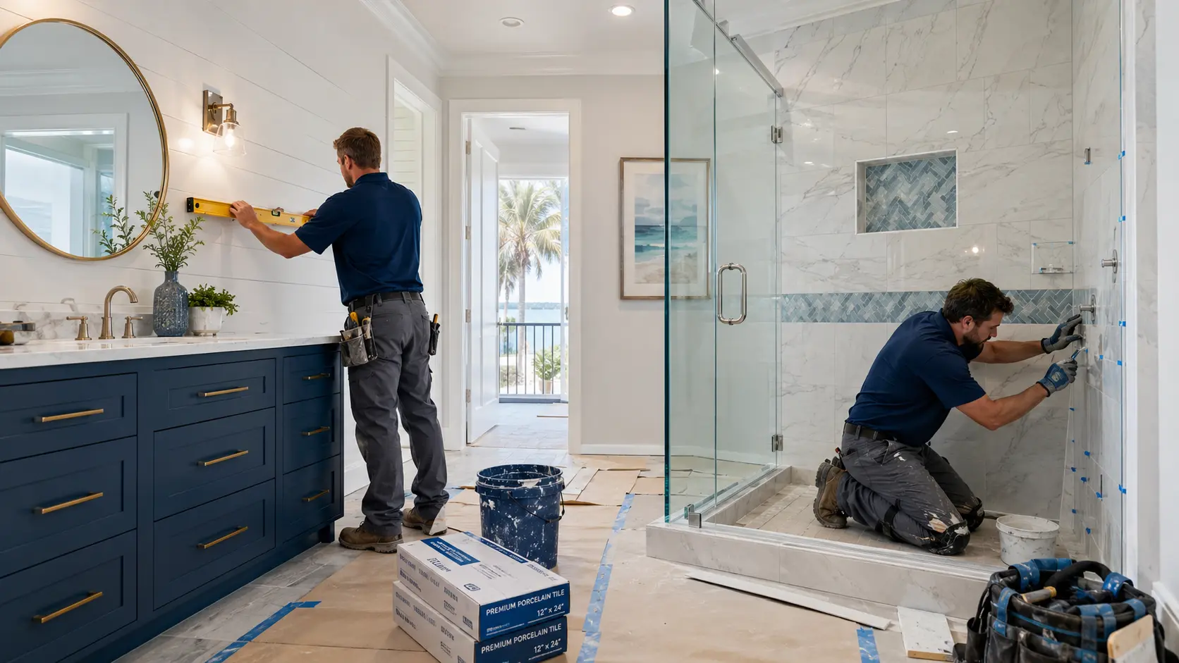 Installer leveling a vanity wall while a second installer sets shower tile