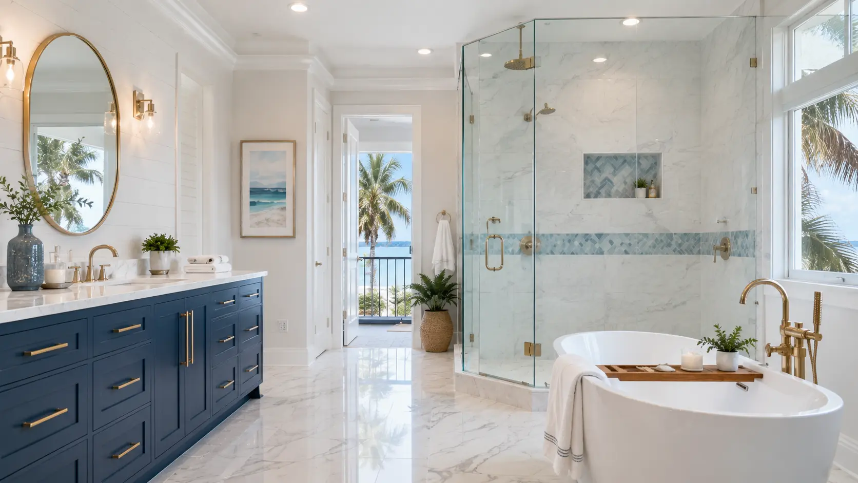 Finished coastal bathroom with a navy double vanity, marble floor, and glass shower