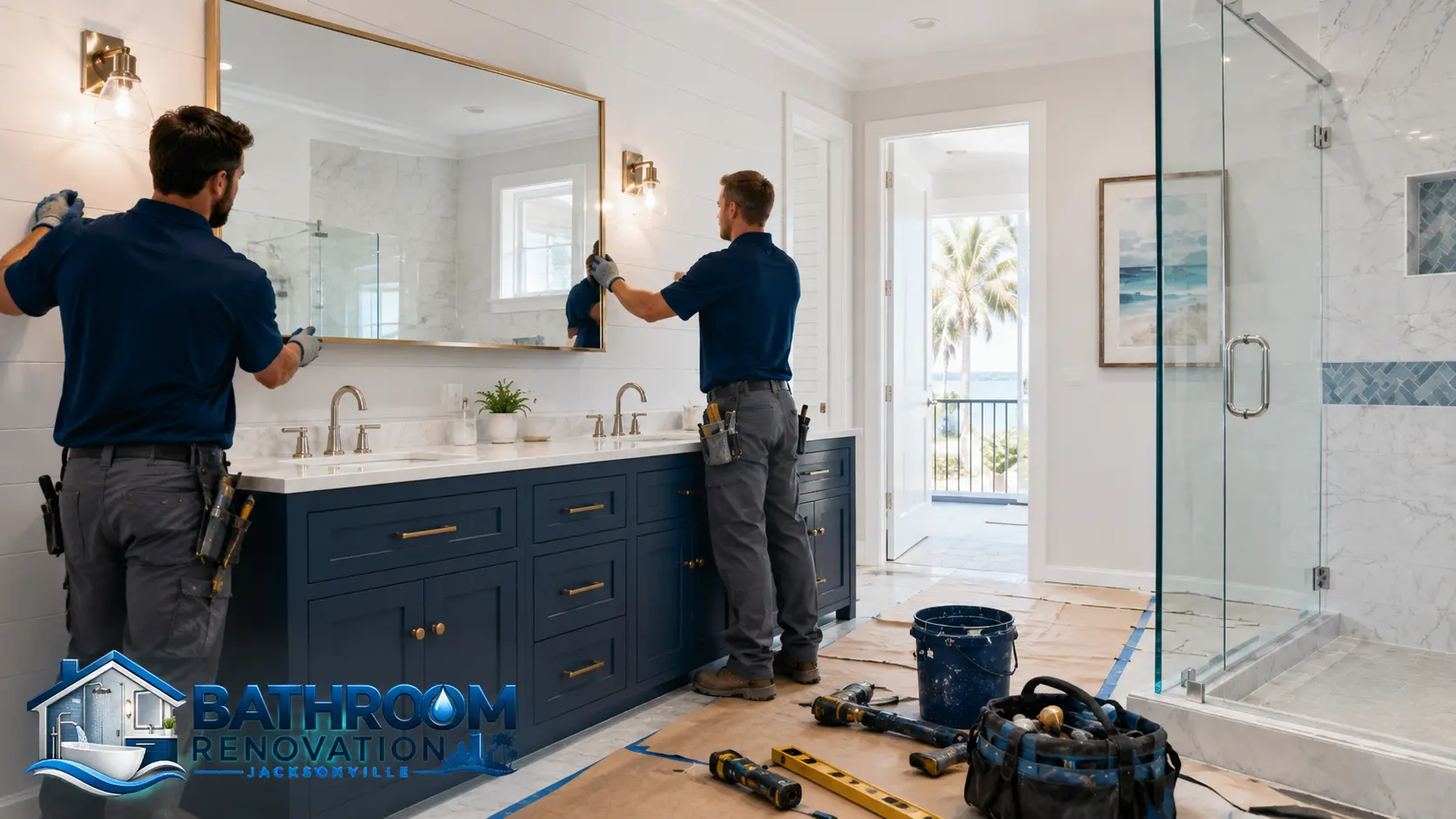 Two installers hanging a large framed mirror above a navy double vanity